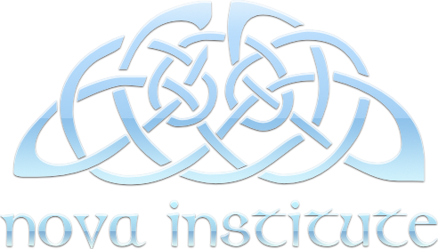 A pale pink background with a large pale blue Celtic knot with silver highlights. The glyph is short and wide. The words 'Nova Institute' appear in a stylized Celtic font of the same blue along the bottom of the glyph. Celtic Knot