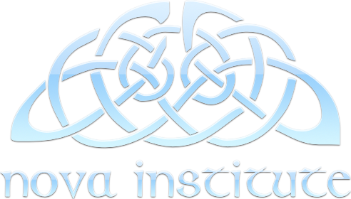 The Fundamentals of Waldorf Education 2018 poster is a pale pink background with a large pale blue Celtic knot for the Nova Institute logo. The italic titling is in royal blue. Fundamentals 2018 poster.