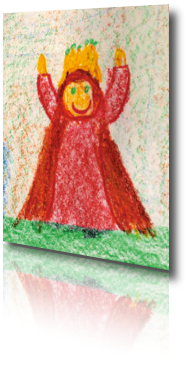 A young child's pastel drawing of a queen with her arms raised above her head in joyous celebration. She is dressed in a red gown with a crimson cape wearing a golden crown which matches the color of her face and hands. She has a broad smile. Happy Queen