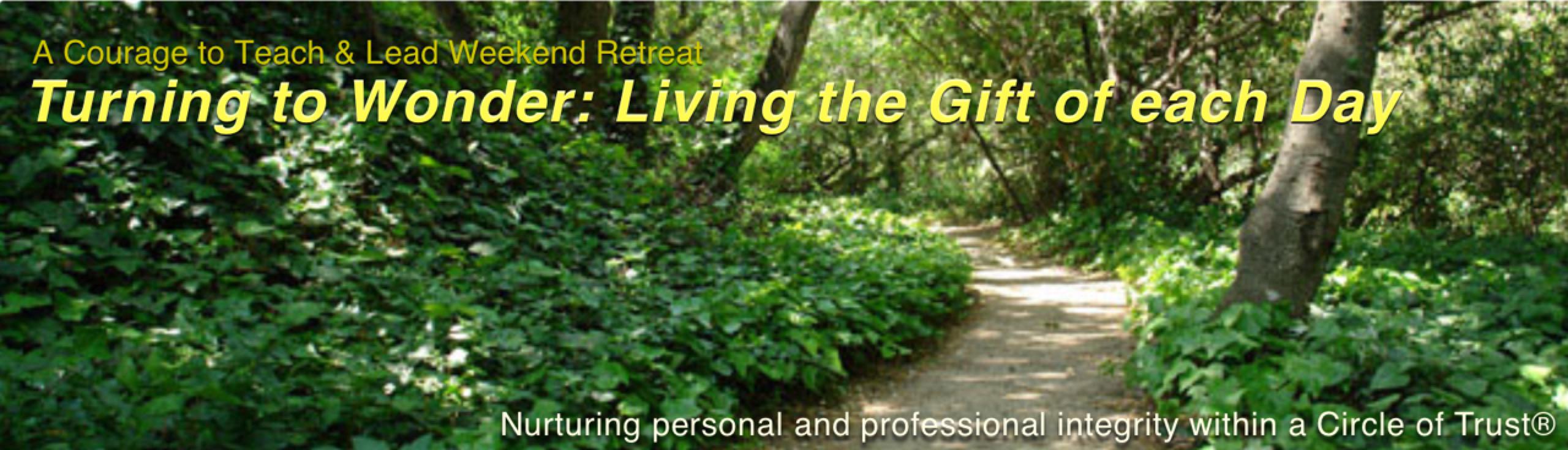 The Courage to Lead 2016 poster is a background photograph of a path in the woods with ivy like ground cover on the sides of the path and with dappled sunlight shining through. The event text is in bright lemon yellow. Courage To Teach