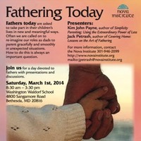 The Fathering Today 2014 poster has a background of deep orange with pink highlights in watercolor looking like a rich sunrise or sunset. An large image of a male adult hand holding a female child's tiny hand on a beach at sunrise or sunset.