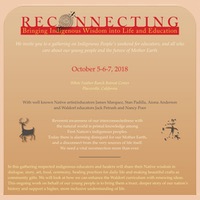 The Reconnecting poster is Earth-toned with a cadinal red title and a concentric circle Indian glyph in place of the O. Indian glyphs decorate both sides: one of a large stag and a small person or child. The other is of swallow-tailed birds in the sky and a small person below.