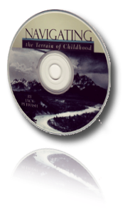 Image of a tilted CD with book jacket graphic of 'Navigating the Terrain of Childhood:' Looking down on a tall mountain, a river and dense clouds. Navigating Audio